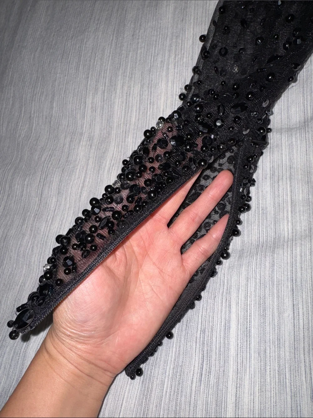 Black Beaded Sheer Mesh Long-Sleeve Mesh Mini Cocktail Dress - Picture 4 of 17